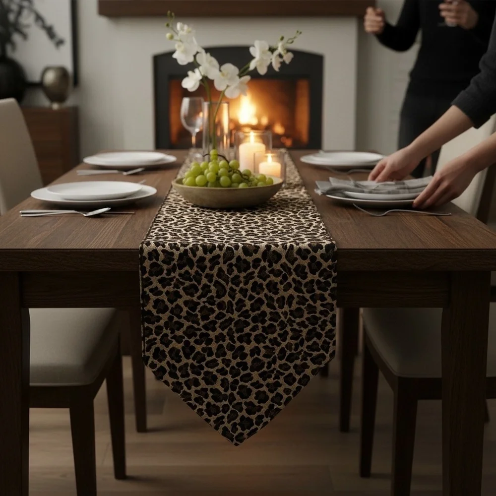 Leopard Tapestry Table Runner Long Animal Print Brown Black Tan Mid-Century Chic